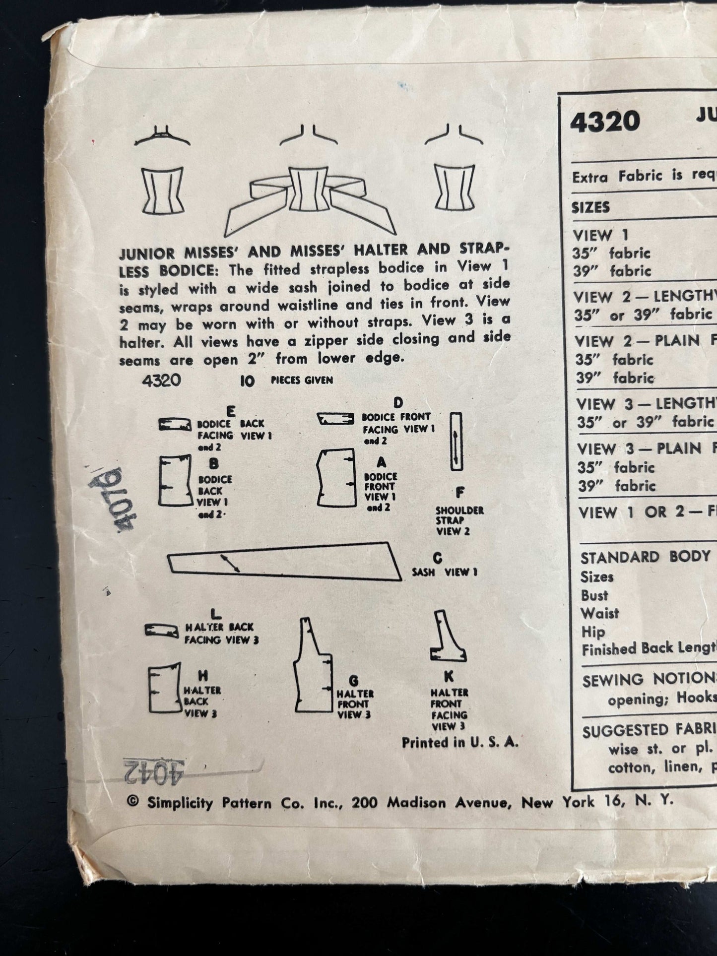 1953 Size 14 Women's Halter and Strapless Bodice - Simplicity 4320 Sewing Pattern