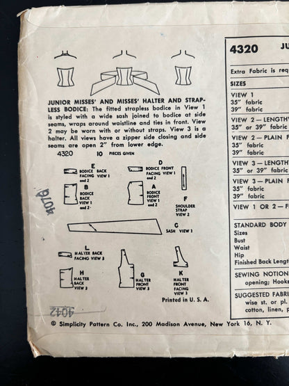 1953 Size 14 Women's Halter and Strapless Bodice - Simplicity 4320 Sewing Pattern