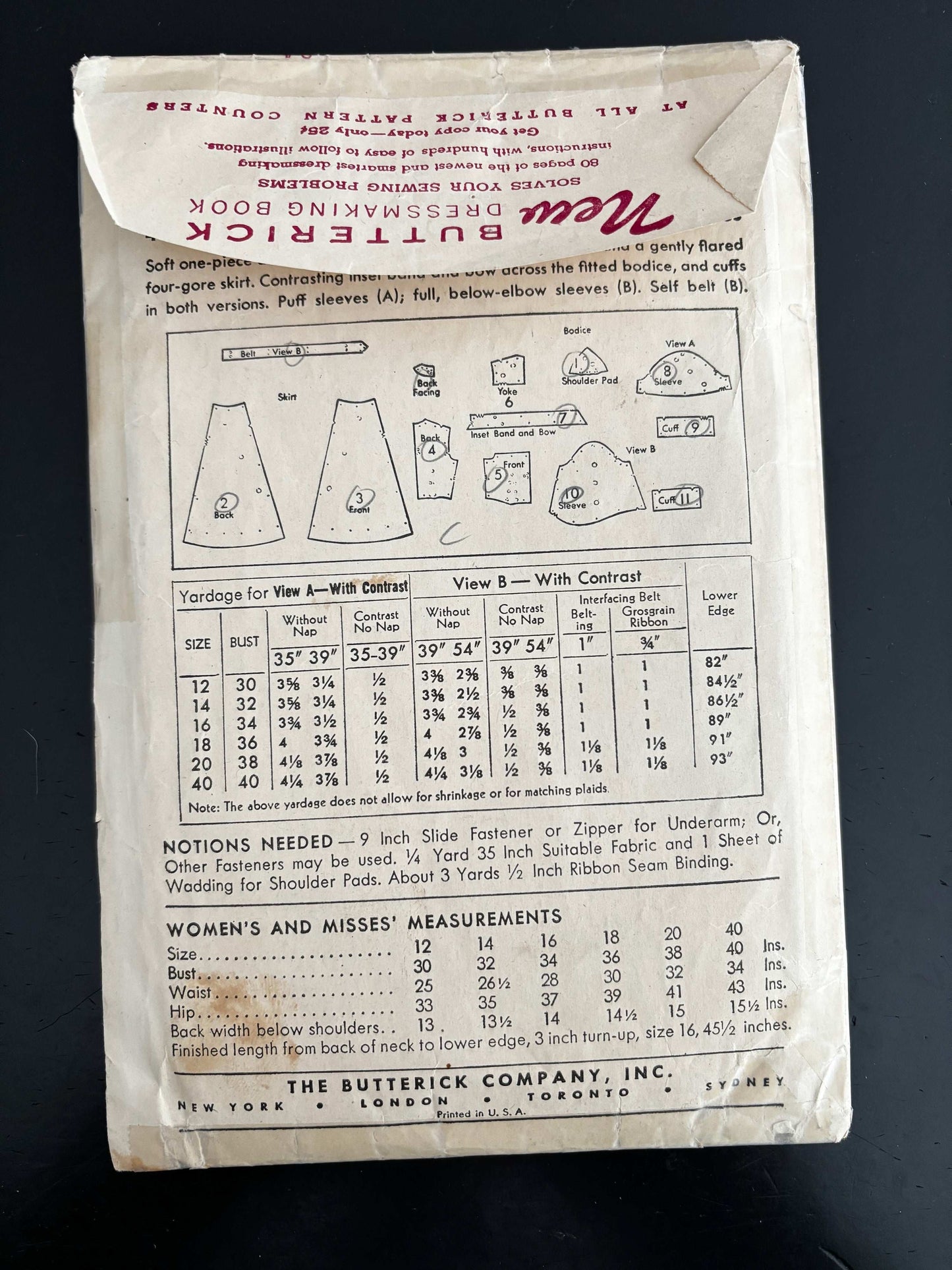 1943 Size 18 Women's Dress with Flared Skirt - Butterick 4439 Sewing Pattern