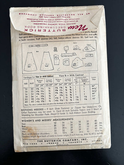 1943 Size 18 Women's Dress with Flared Skirt - Butterick 4439 Sewing Pattern