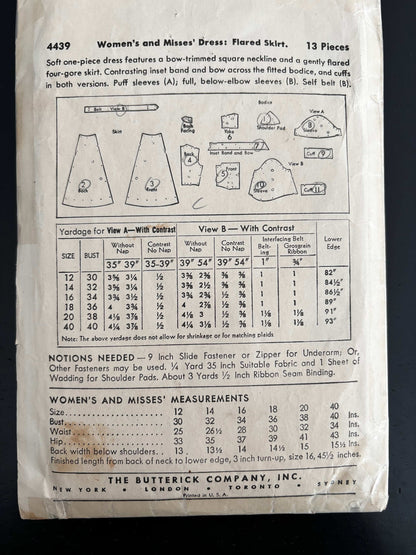1943 Size 18 Women's Dress with Flared Skirt - Butterick 4439 Sewing Pattern