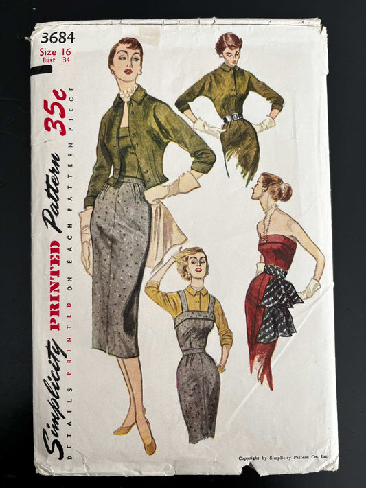 1952 Size 16 Women's Skirt, Camisole Top and Jacket-Blouse - Simplicity 3684 Sewing Pattern
