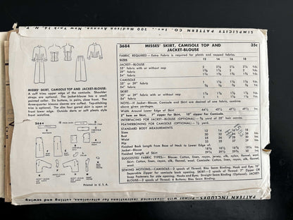 1952 Size 16 Women's Skirt, Camisole Top and Jacket-Blouse - Simplicity 3684 Sewing Pattern