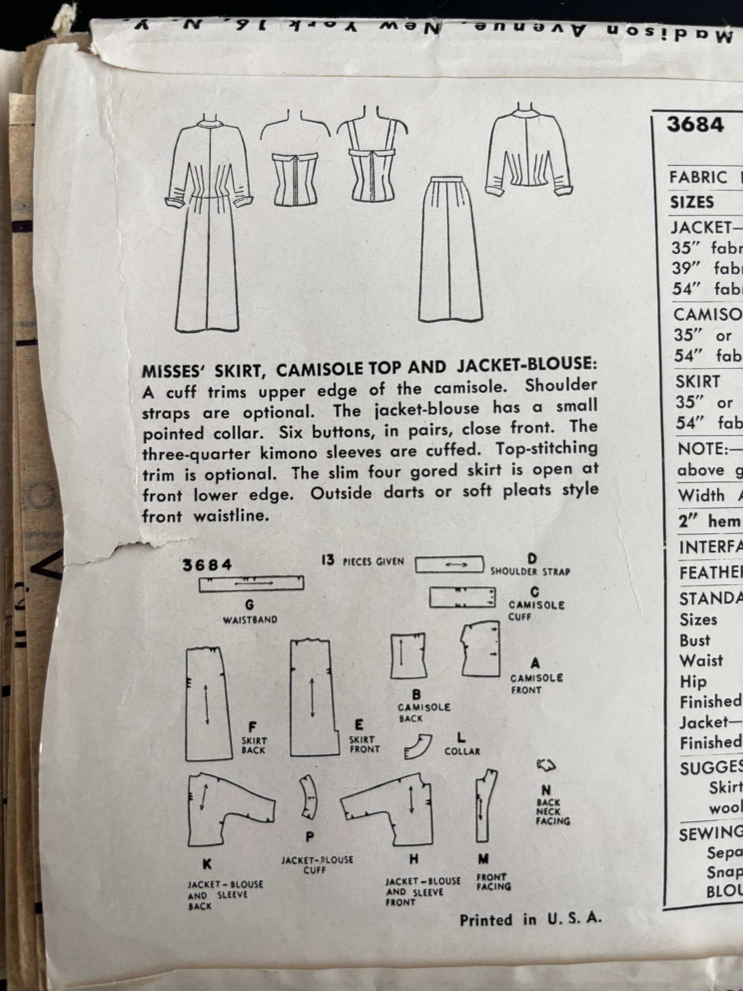 1952 Size 16 Women's Skirt, Camisole Top and Jacket-Blouse - Simplicity 3684 Sewing Pattern