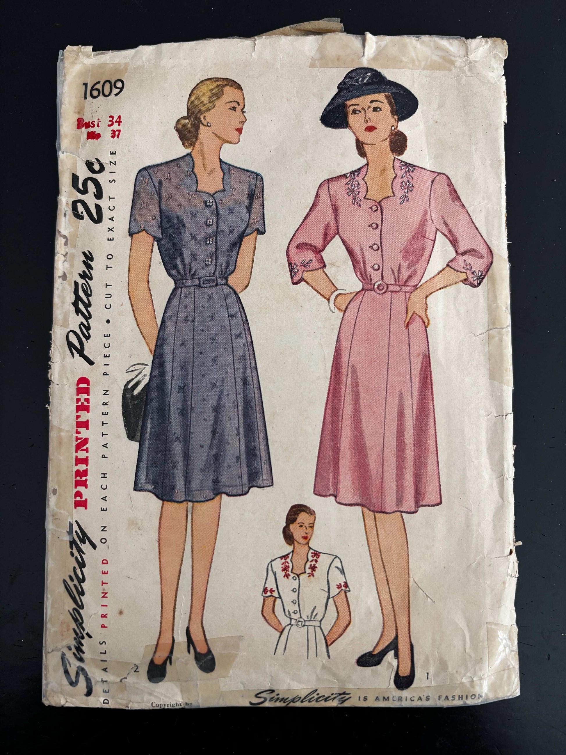 1945 Size 16 Women's One-Piece Dress - Simplicity 1609 Sewing Pattern