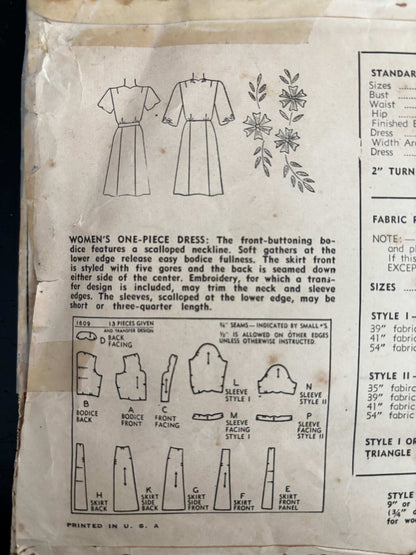 1945 Size 16 Women's One-Piece Dress - Simplicity 1609 Sewing Pattern