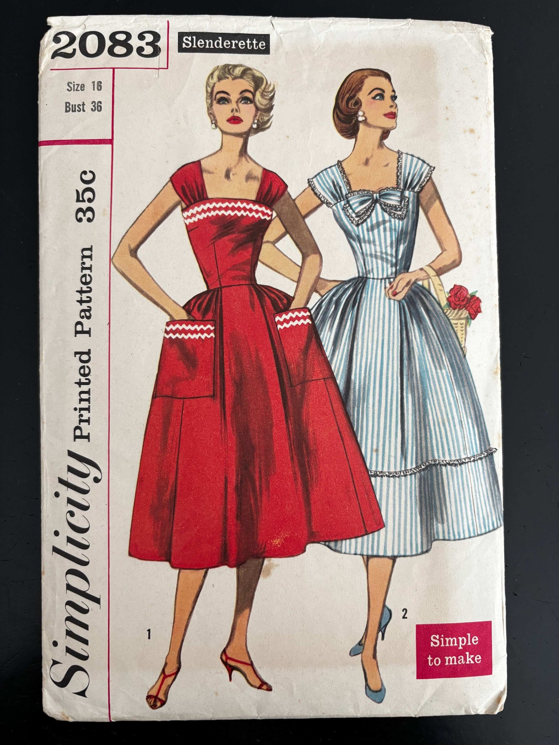1957 Size 16 Women's One-Piece Dress - Simplicity 2083 Sewing Pattern