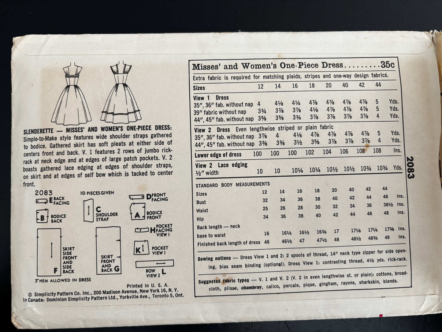 1957 Size 16 Women's One-Piece Dress - Simplicity 2083 Sewing Pattern