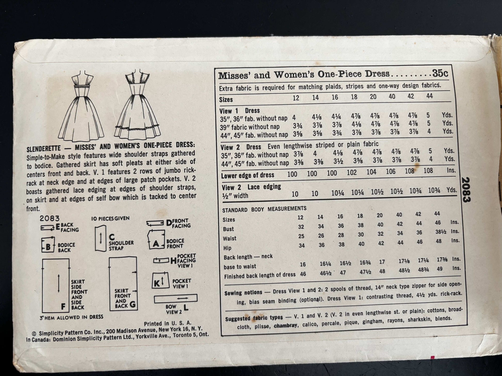 1957 Size 16 Women's One-Piece Dress - Simplicity 2083 Sewing Pattern