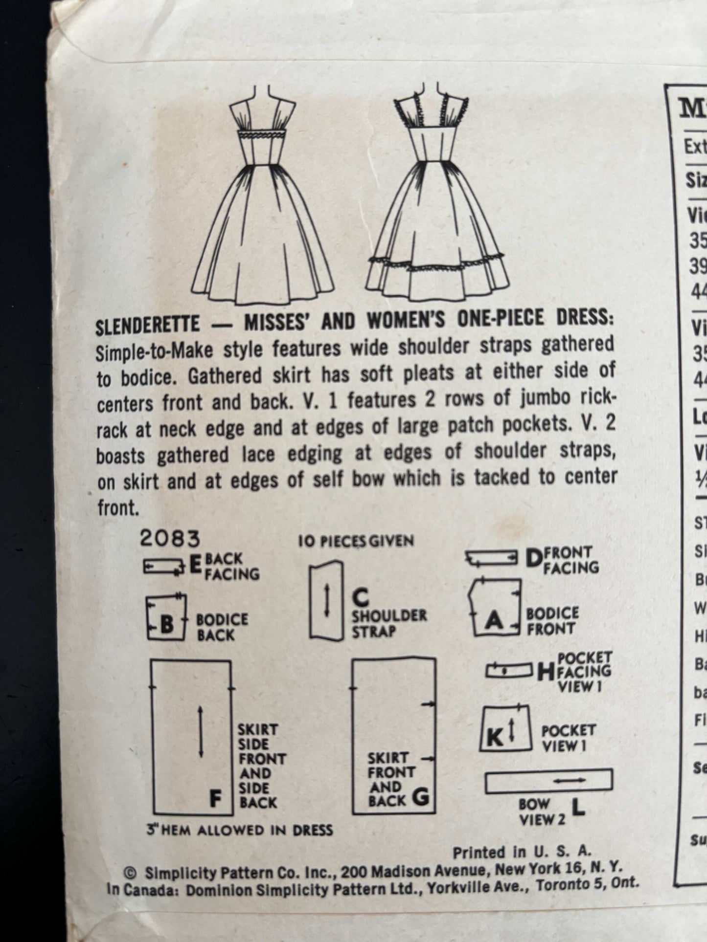 1957 Size 16 Women's One-Piece Dress - Simplicity 2083 Sewing Pattern