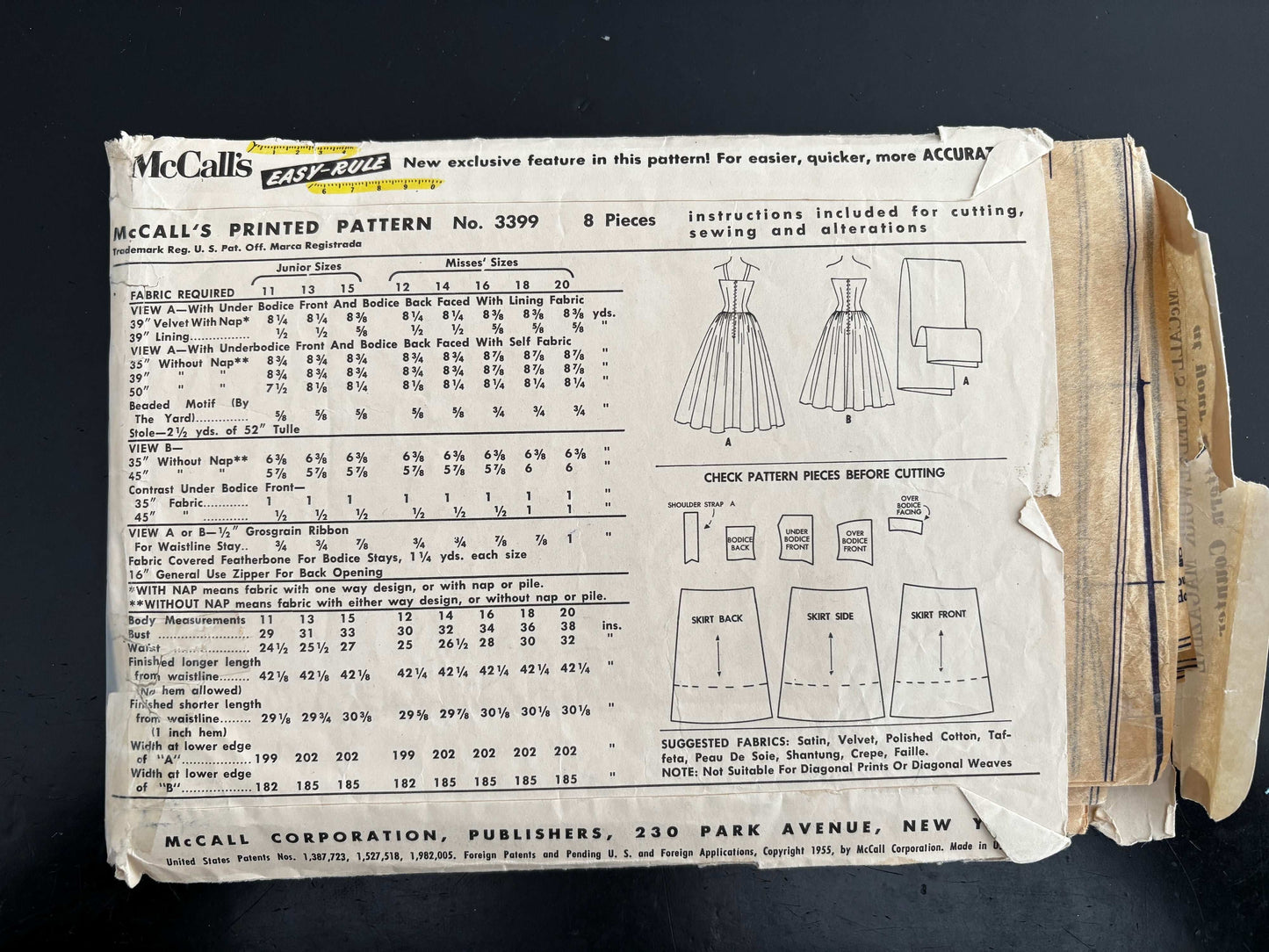 1955 Size 16 Women's Evening Dress - McCall's 3399 Sewing Pattern