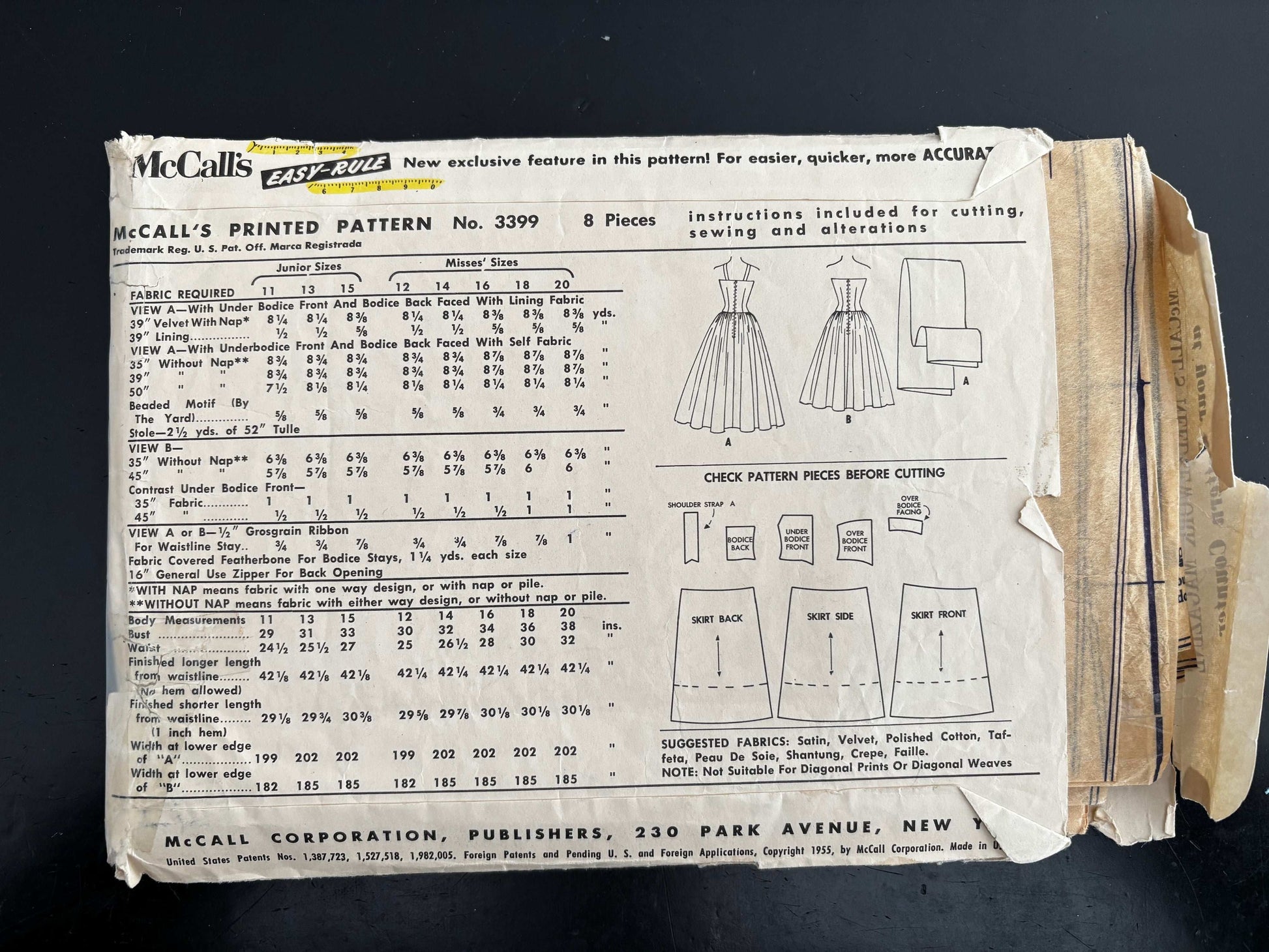 1955 Size 16 Women's Evening Dress - McCall's 3399 Sewing Pattern