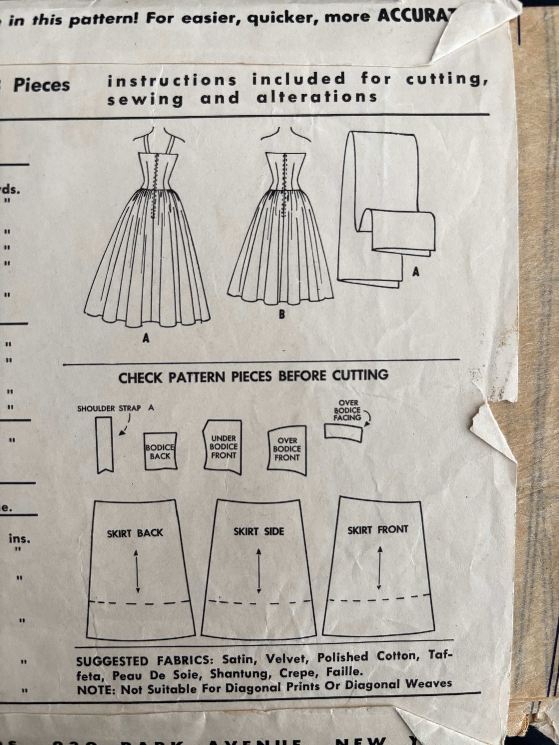 1955 Size 16 Women's Evening Dress - McCall's 3399 Sewing Pattern