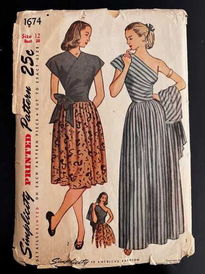 1945 Size 12 Women's Daytime and Evening Dress - Simplicity 1674 Sewing Pattern