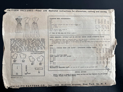 1945 Size 12 Women's Daytime and Evening Dress - Simplicity 1674 Sewing Pattern