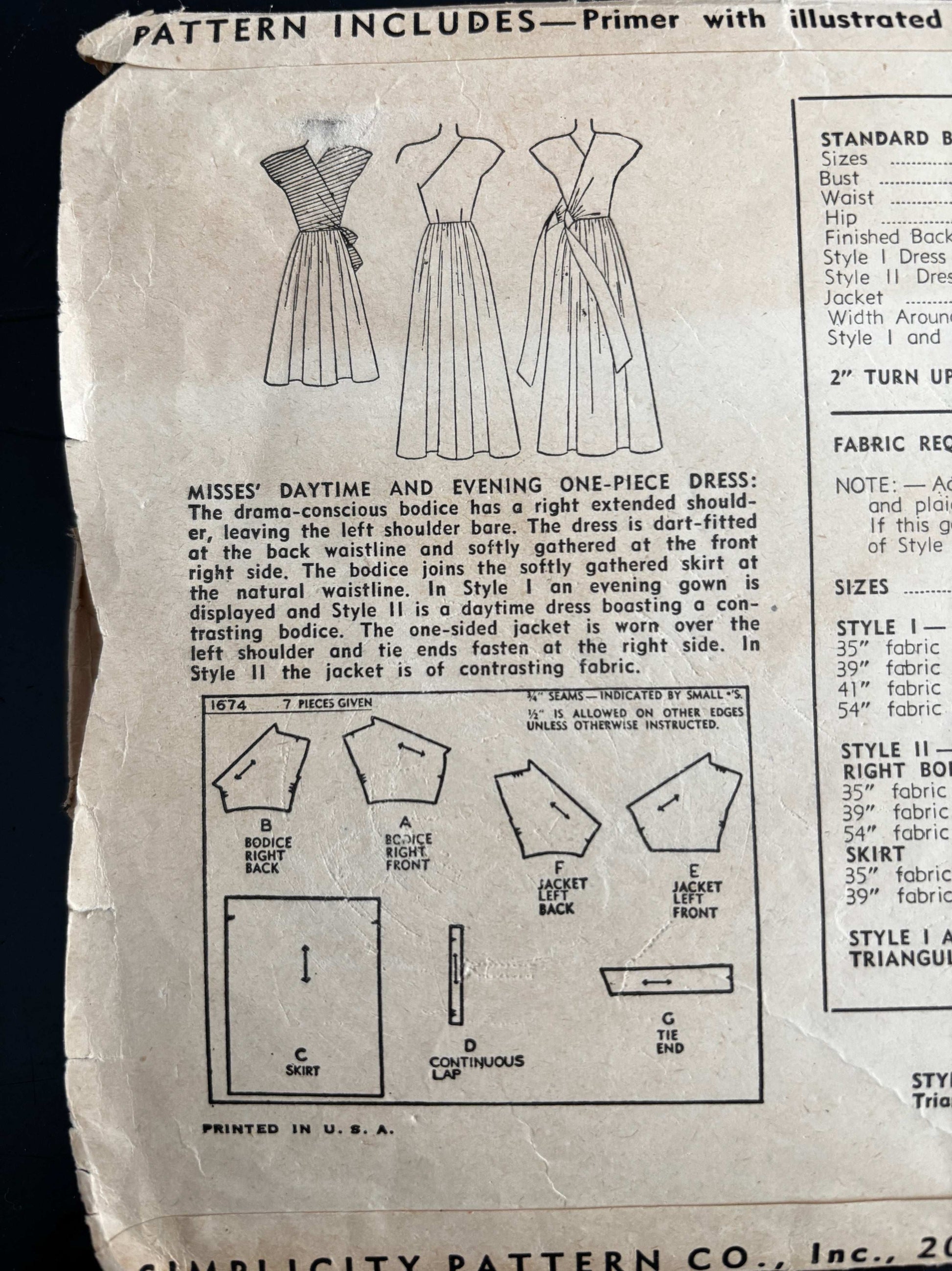 1945 Size 12 Women's Daytime and Evening Dress - Simplicity 1674 Sewing Pattern