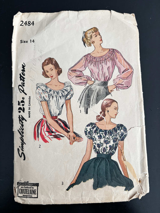 1948 Size 14 Women's Blouse - Simplicity 2484 Sewing Pattern