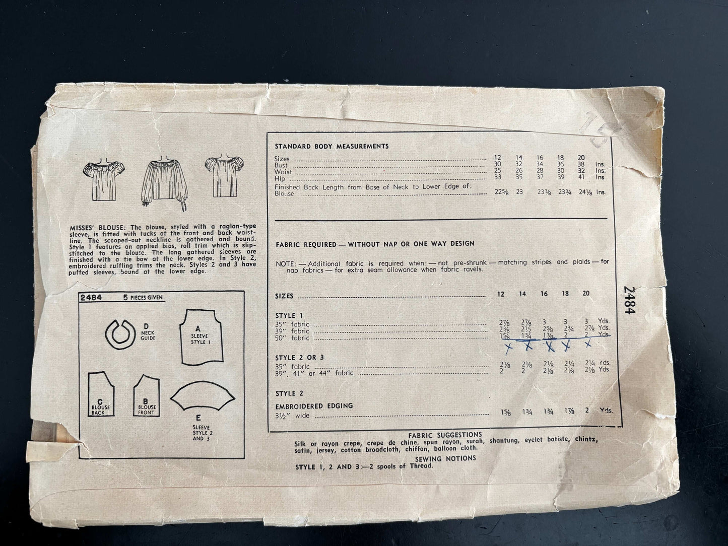 1948 Size 14 Women's Blouse - Simplicity 2484 Sewing Pattern