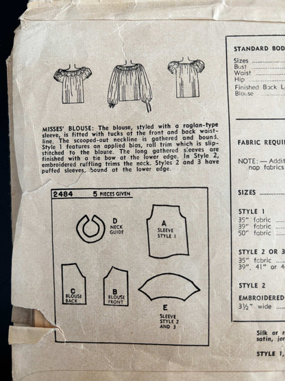 1948 Size 14 Women's Blouse - Simplicity 2484 Sewing Pattern