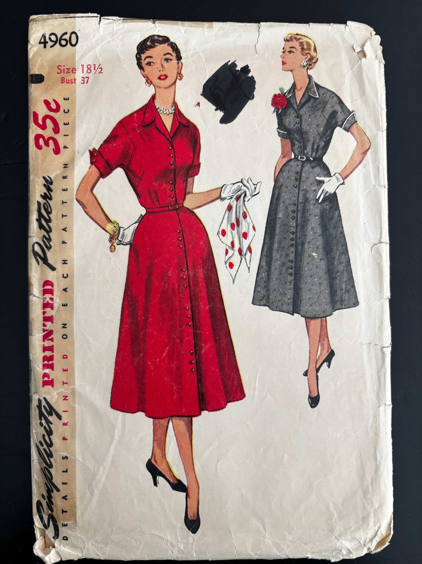 1954 Size 18½ Women's One-Piece Dress - Simplicity 4960 Sewing Pattern
