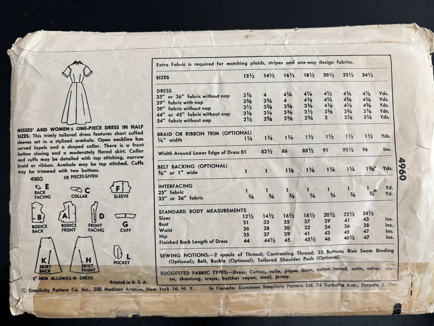 1954 Size 18½ Women's One-Piece Dress - Simplicity 4960 Sewing Pattern