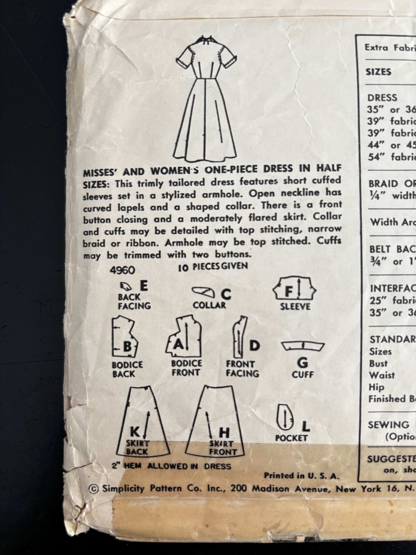 1954 Size 18½ Women's One-Piece Dress - Simplicity 4960 Sewing Pattern
