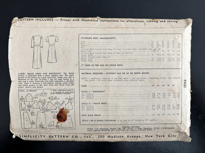 1943 Size 14 Women's House Dress and Housecoat - Simplicity 4900 Sewing Pattern