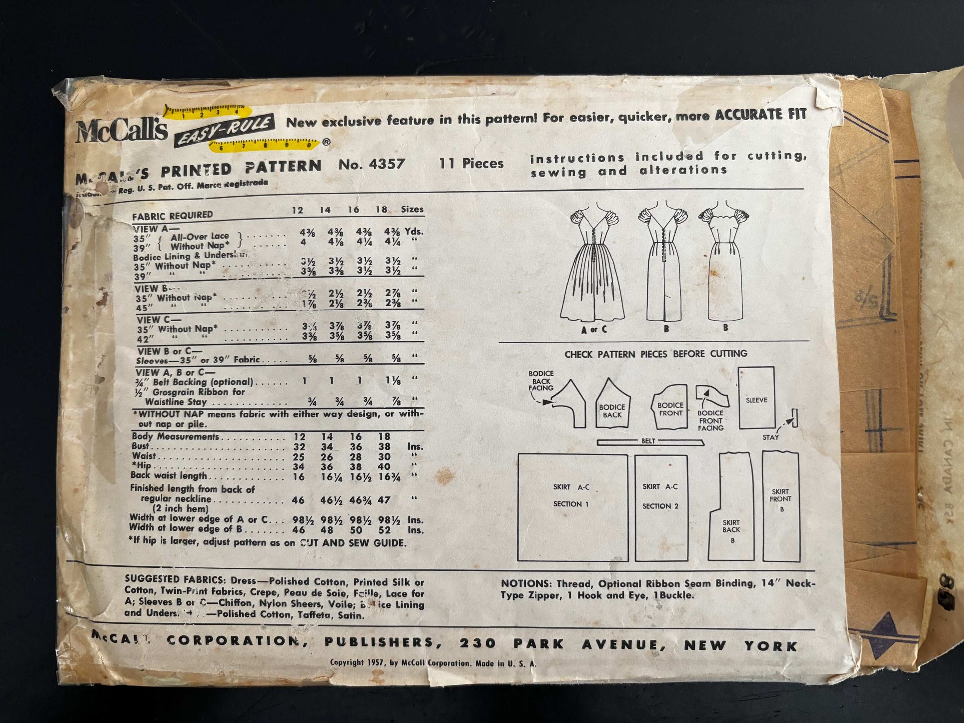 1957 Size 14 Women's Dress With Slim Or Full Skirt – McCall’s 4357 Sewing Pattern