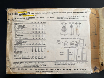 1957 Size 14 Women's Dress With Slim Or Full Skirt – McCall’s 4357 Sewing Pattern