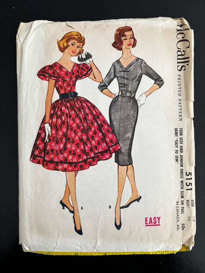 1959 Size 16 Women’s Dress With Slim Or Full Skirt – McCall’s 5151 Sewing Pattern