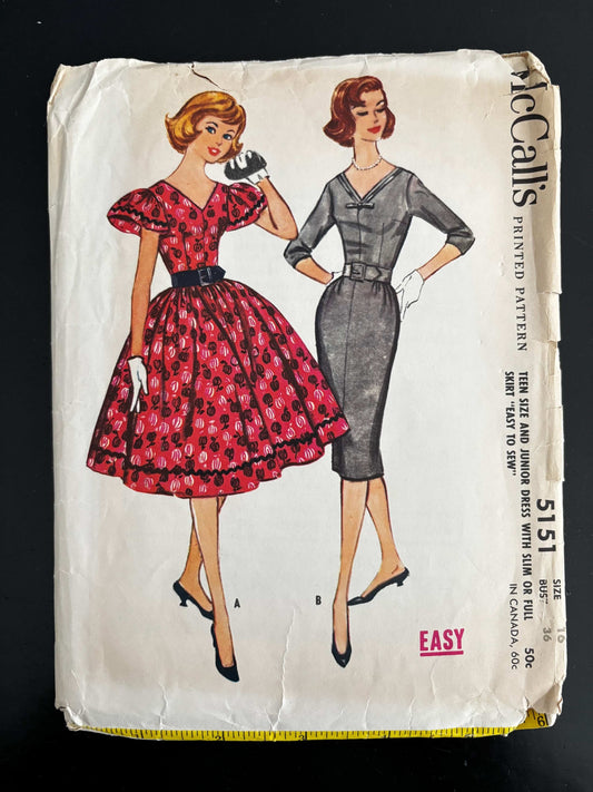 1959 Size 16 Women’s Dress With Slim Or Full Skirt – McCall’s 5151 Sewing Pattern
