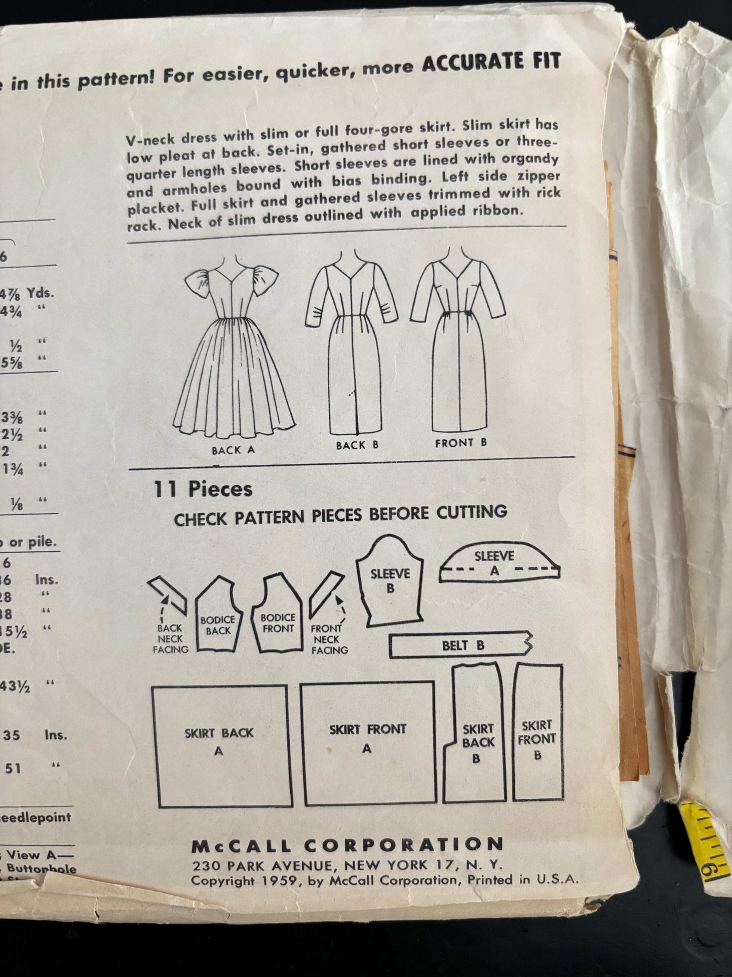 1959 Size 16 Women’s Dress With Slim Or Full Skirt – McCall’s 5151 Sewing Pattern