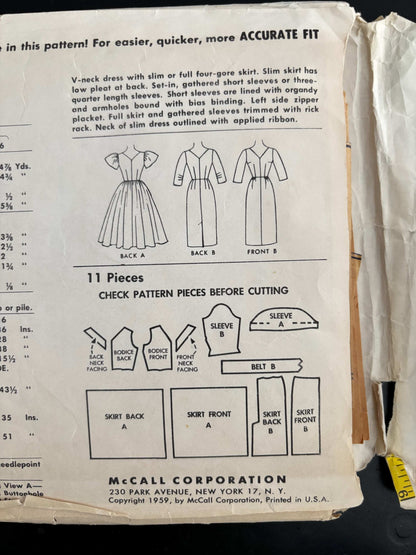 1959 Size 16 Women’s Dress With Slim Or Full Skirt – McCall’s 5151 Sewing Pattern