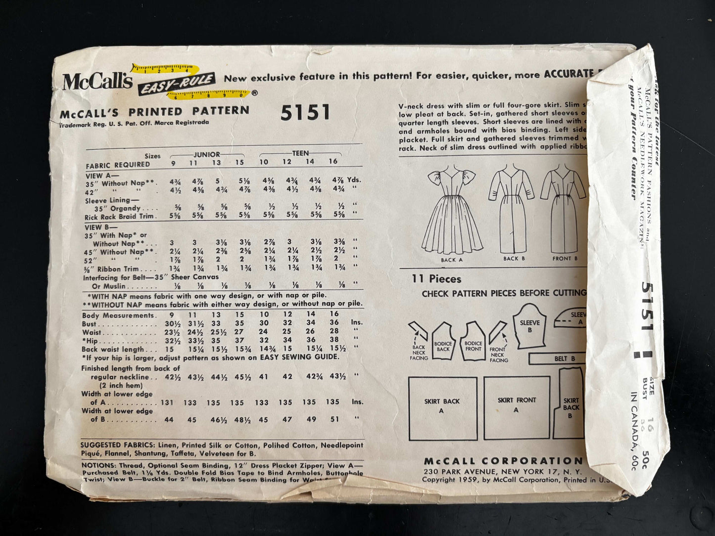 1959 Size 16 Women’s Dress With Slim Or Full Skirt – McCall’s 5151 Sewing Pattern