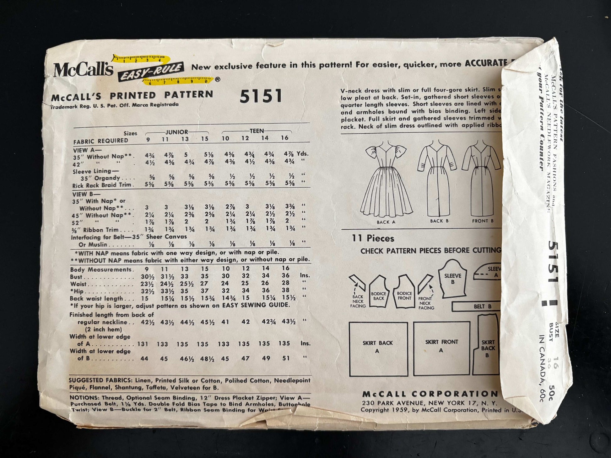 1959 Size 16 Women’s Dress With Slim Or Full Skirt – McCall’s 5151 Sewing Pattern