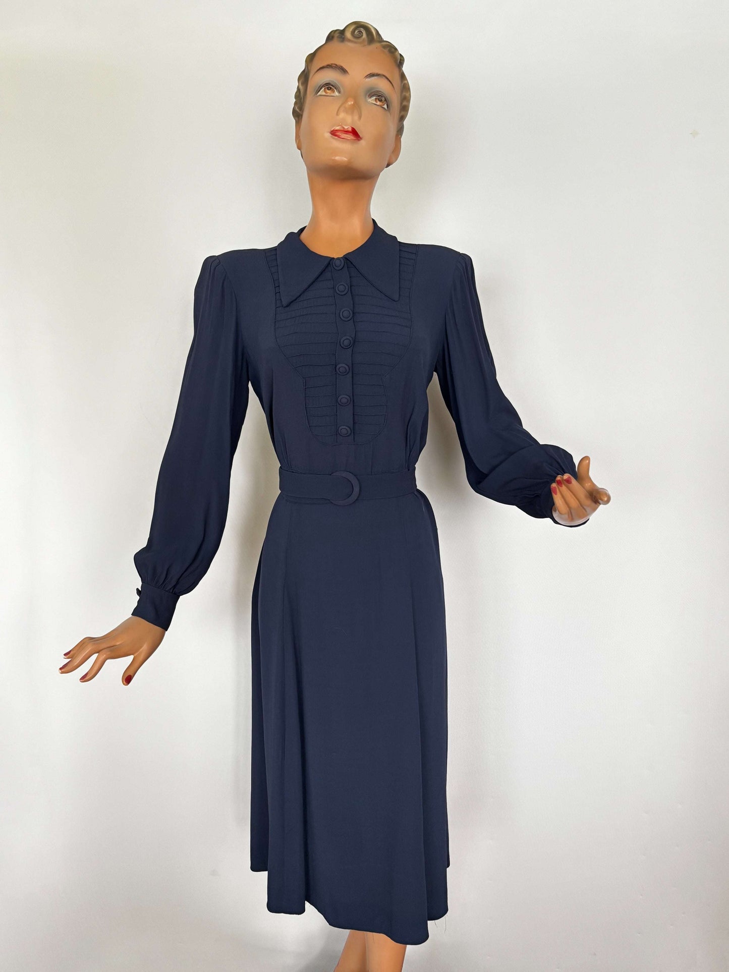 XL | 1940s Navy Crepe Dress With Pintuck Front