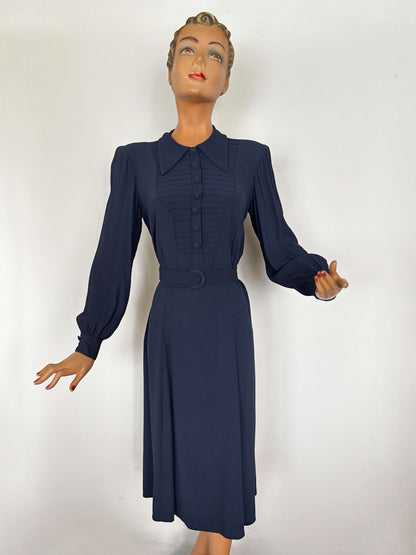 XL | 1940s Navy Crepe Dress With Pintuck Front
