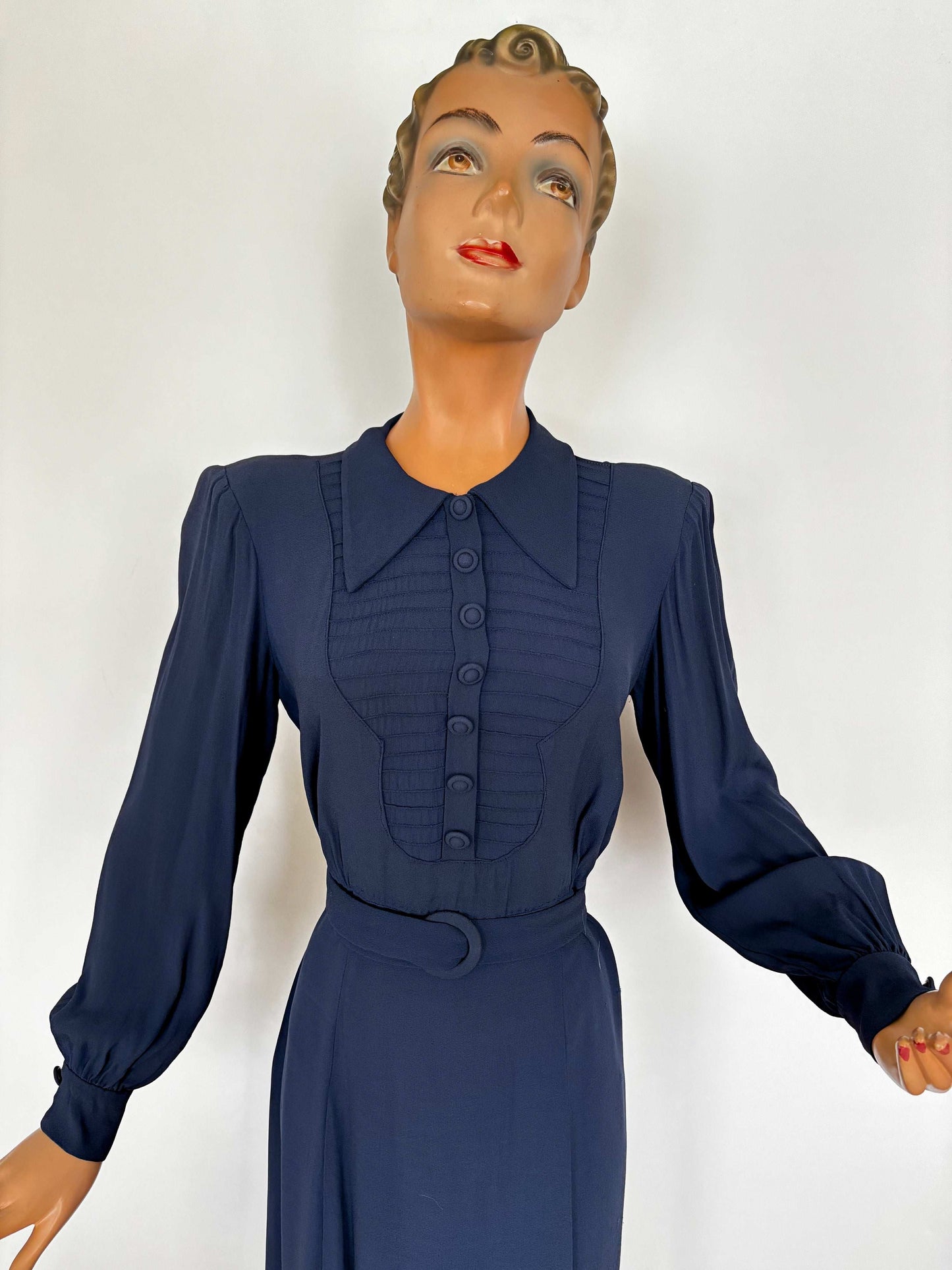 XL | 1940s Navy Crepe Dress With Pintuck Front