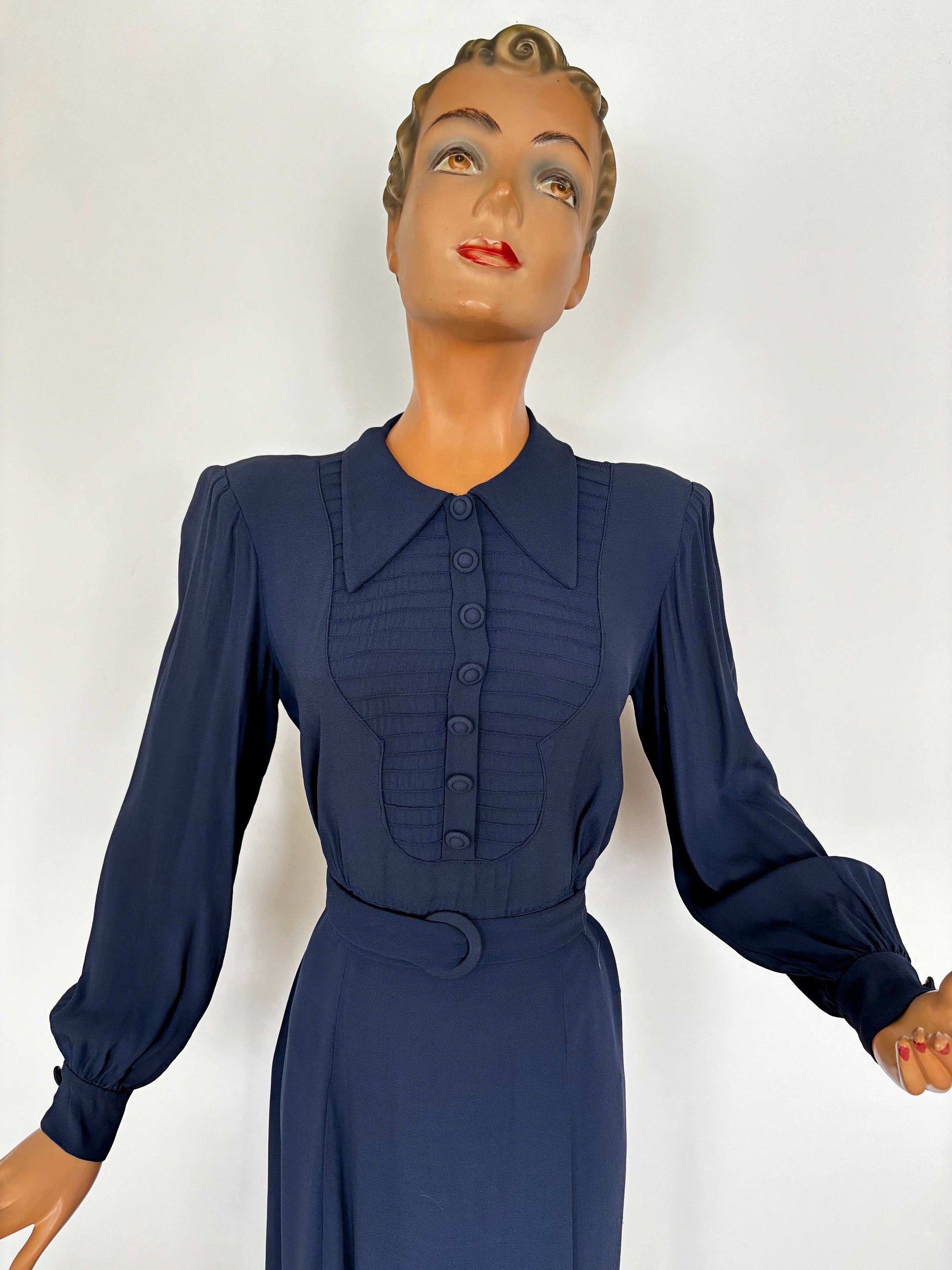 XL | 1940s Navy Crepe Dress With Pintuck Front