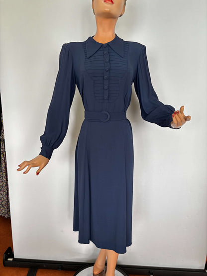 XL | 1940s Navy Crepe Dress With Pintuck Front