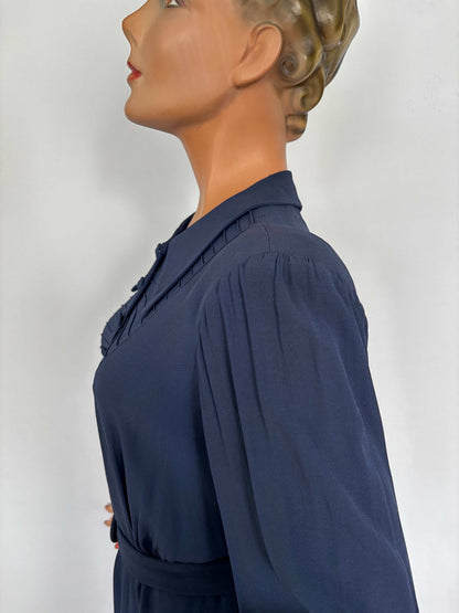 XL | 1940s Navy Crepe Dress With Pintuck Front