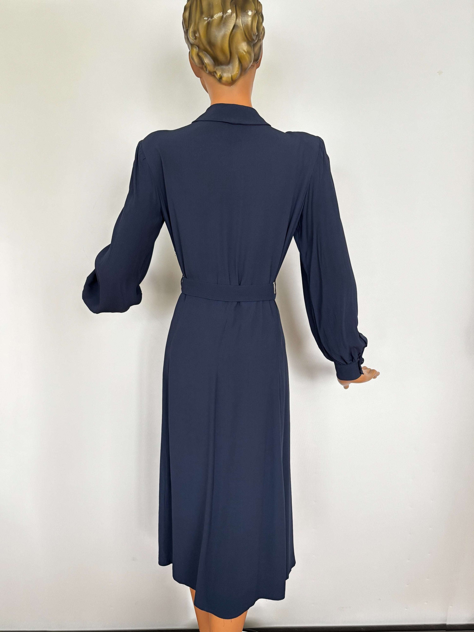 XL | 1940s Navy Crepe Dress With Pintuck Front