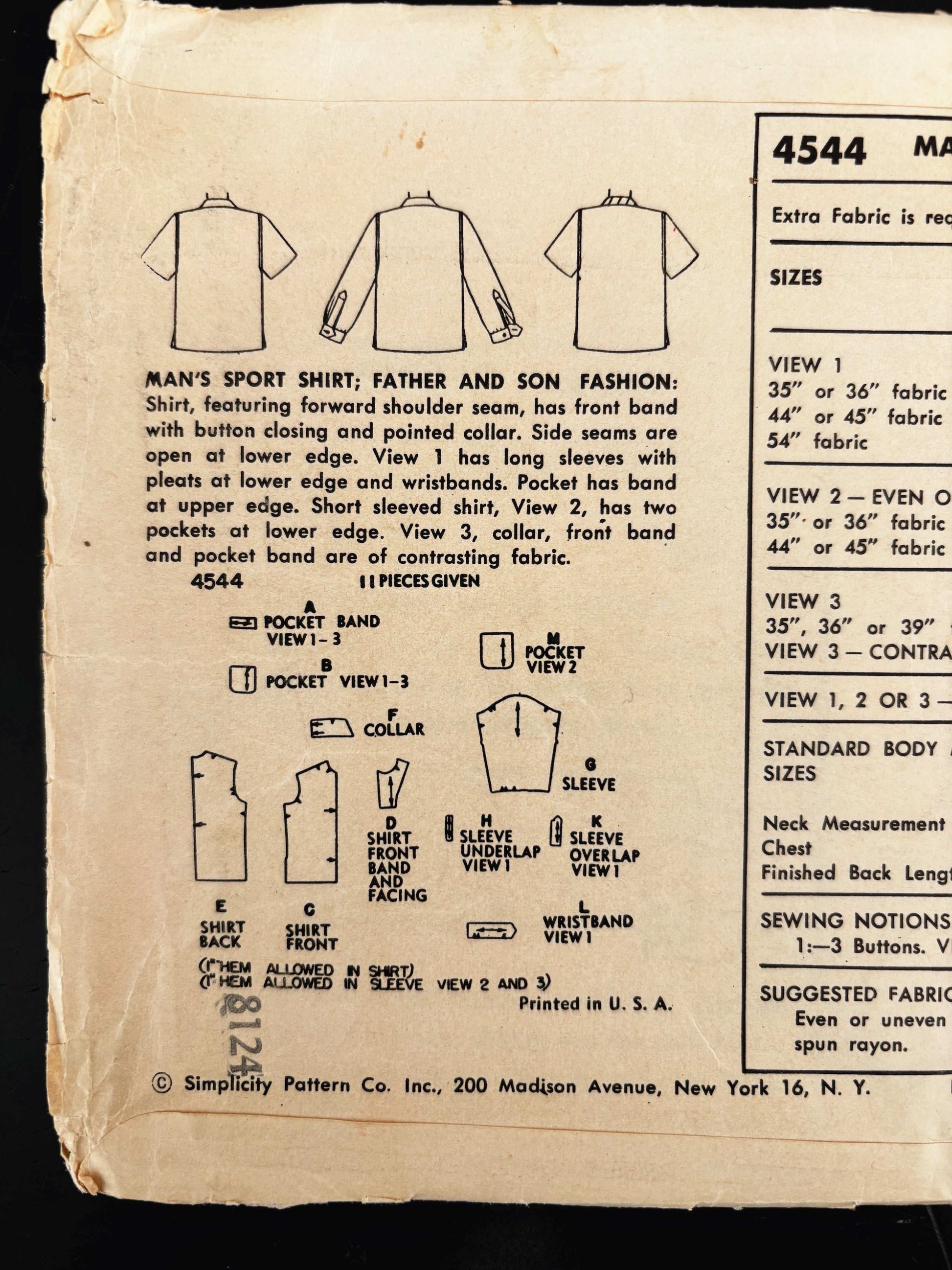 1950s Size Medium Men’s Sport Shirt – Simplicity 4544 Sewing Pattern