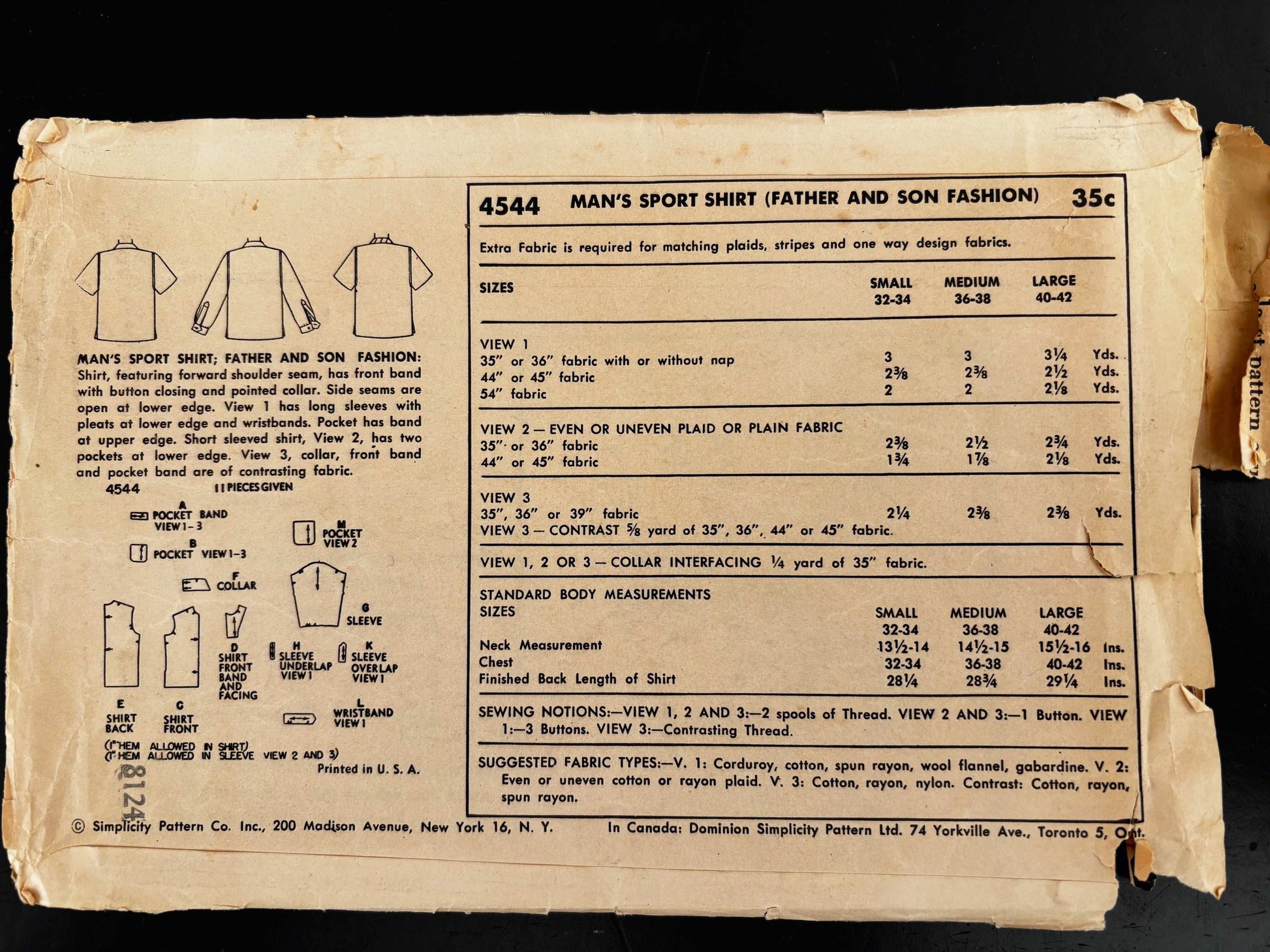 1950s Size Medium Men’s Sport Shirt – Simplicity 4544 Sewing Pattern