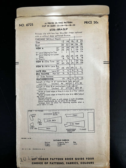 1950s Size 16 Bra-Slip – Vogue 6725 Sewing Pattern