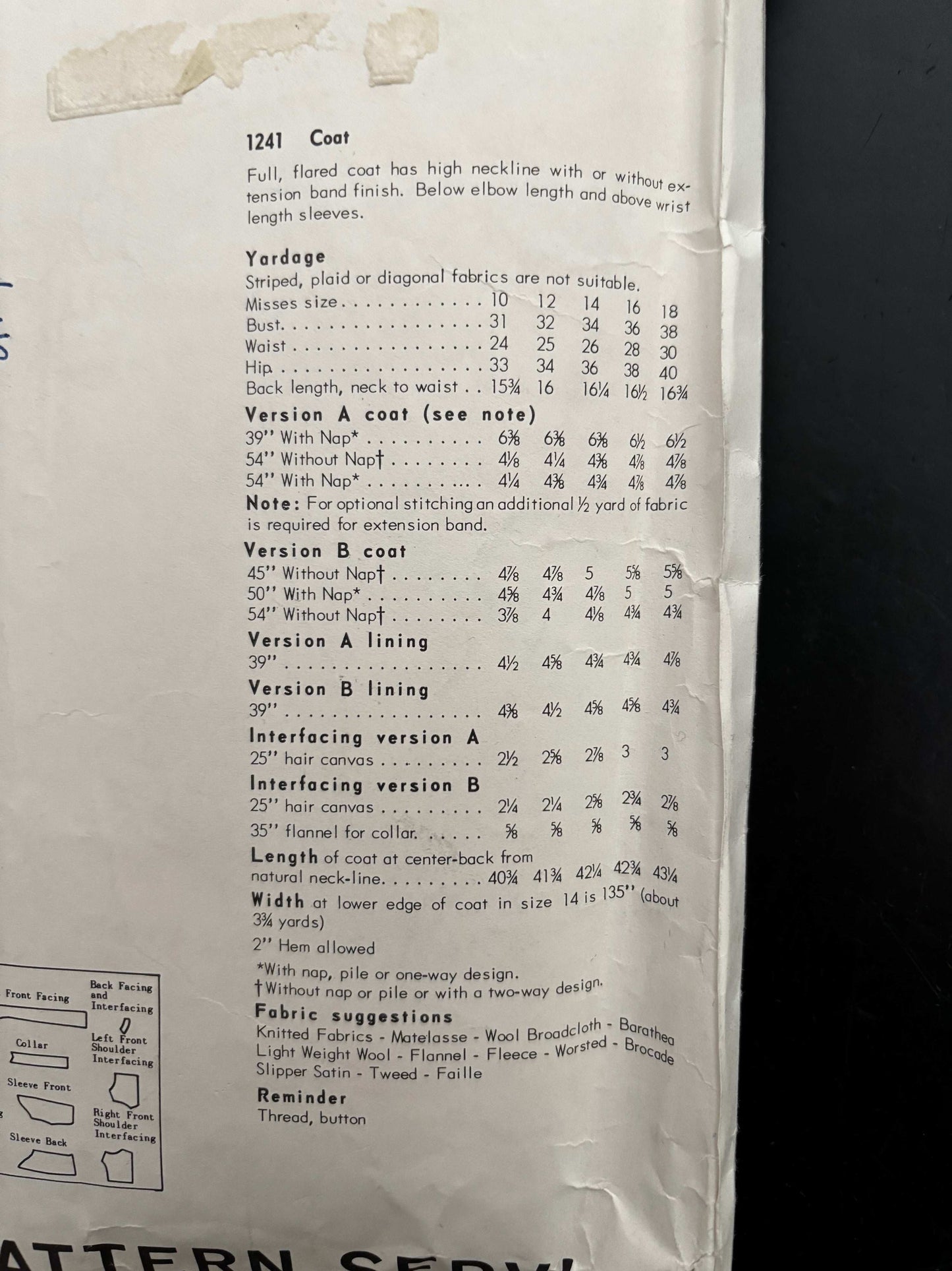 Vogue Paris Original 1241 — Nina Ricci Coat Pattern (ca. early 1960s)