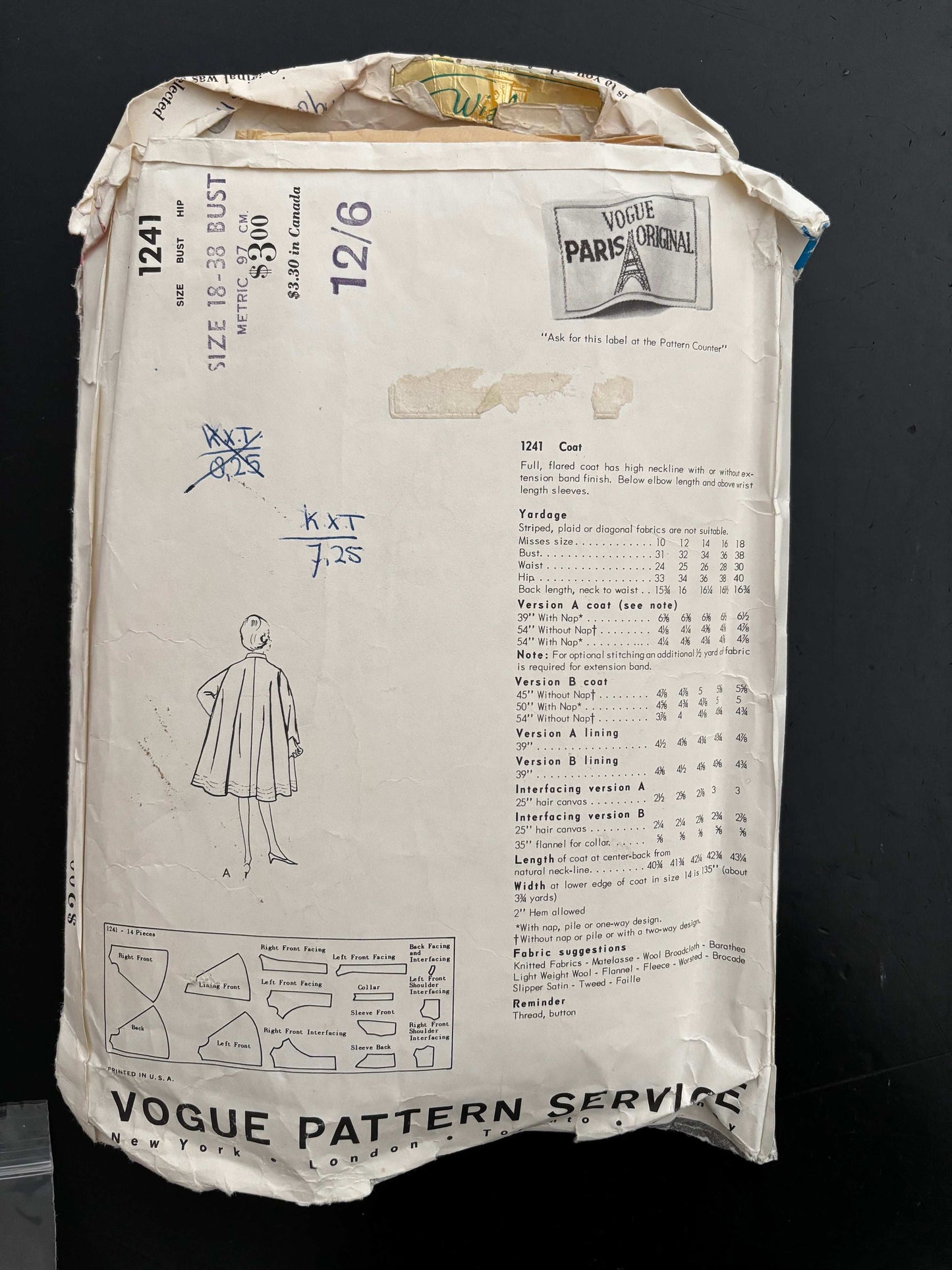 Vogue Paris Original 1241 — Nina Ricci Coat Pattern (ca. early 1960s)