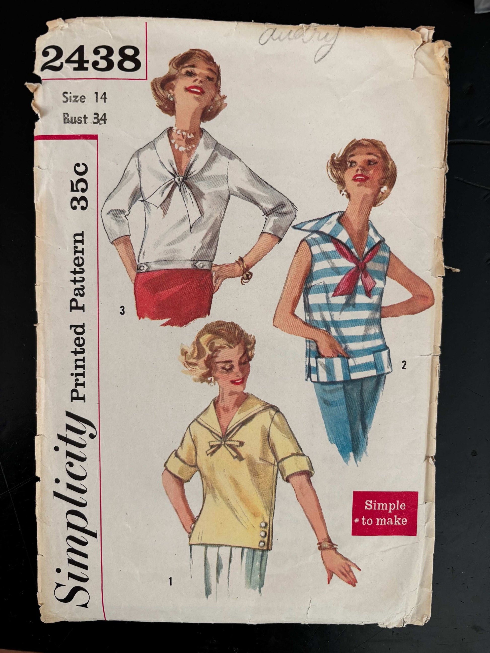 1950s Size 14 Blouse – Simplicity 2438 Sewing Pattern