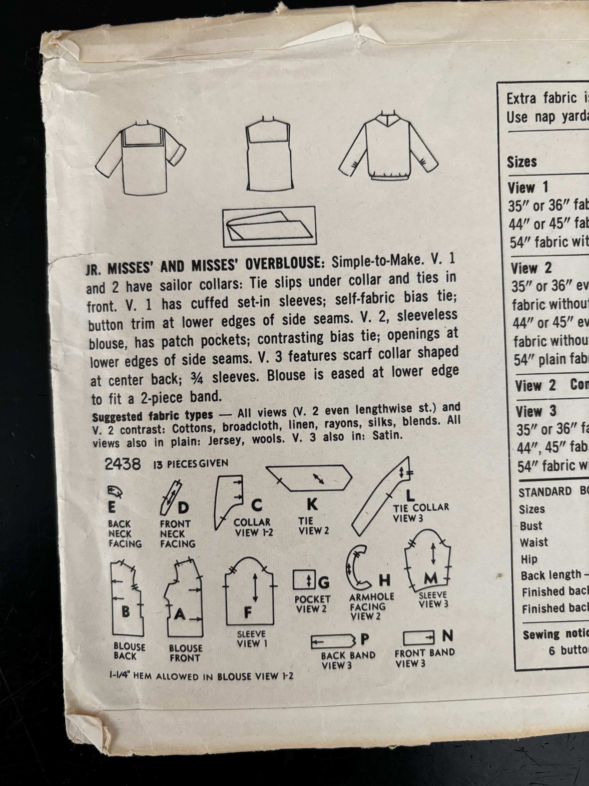 1950s Size 14 Blouse – Simplicity 2438 Sewing Pattern
