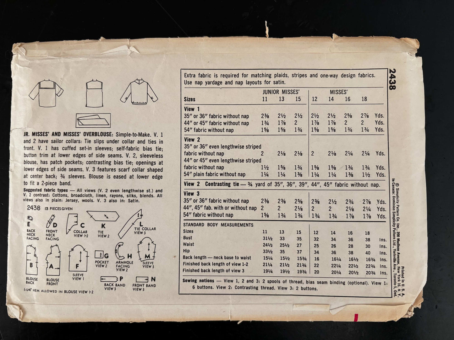 1950s Size 14 Blouse – Simplicity 2438 Sewing Pattern